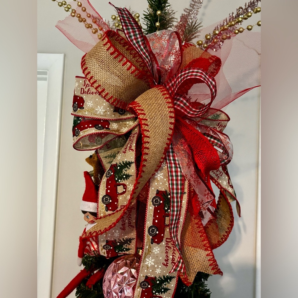 Christmas Bow Tree Topper Holiday Decor Custom Plaid Red Truck Burlap Plaid XL